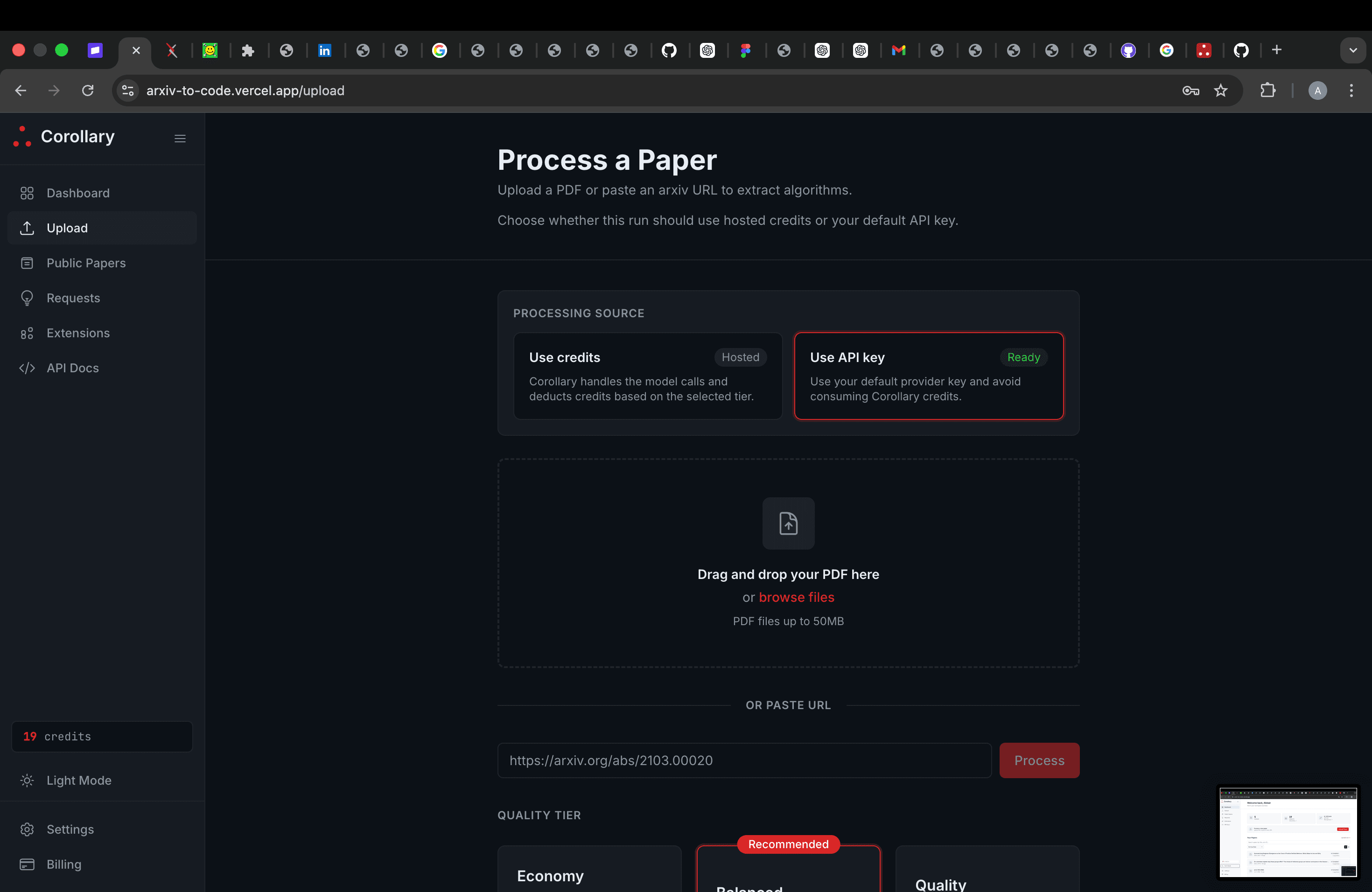 Corollary upload screenshot