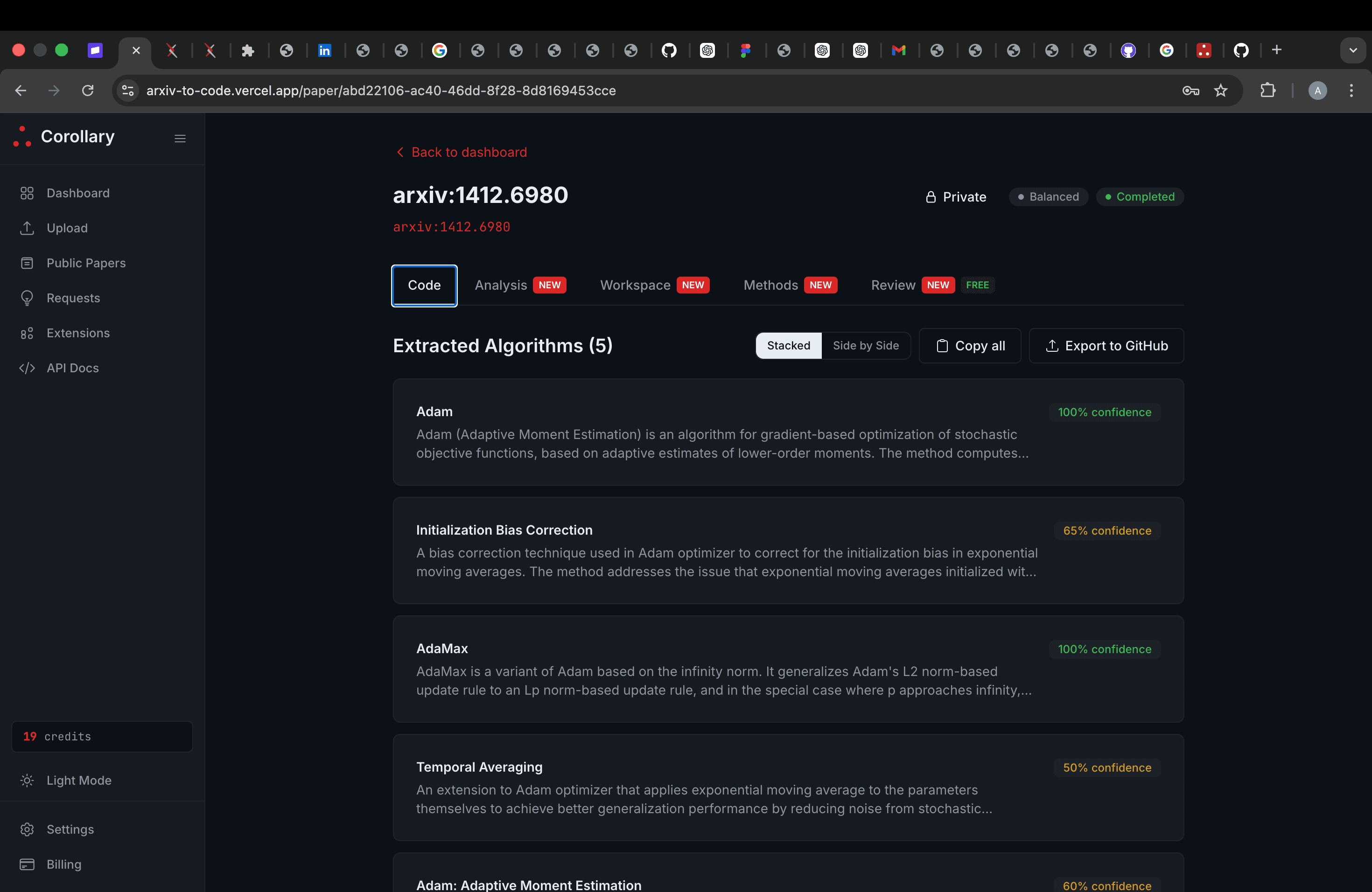 Corollary extracted algorithms and export actions screenshot